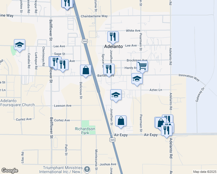 map of restaurants, bars, coffee shops, grocery stores, and more near 18026 Jonathan Street in Adelanto