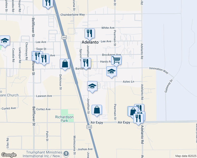 map of restaurants, bars, coffee shops, grocery stores, and more near Aztec Lane in Adelanto
