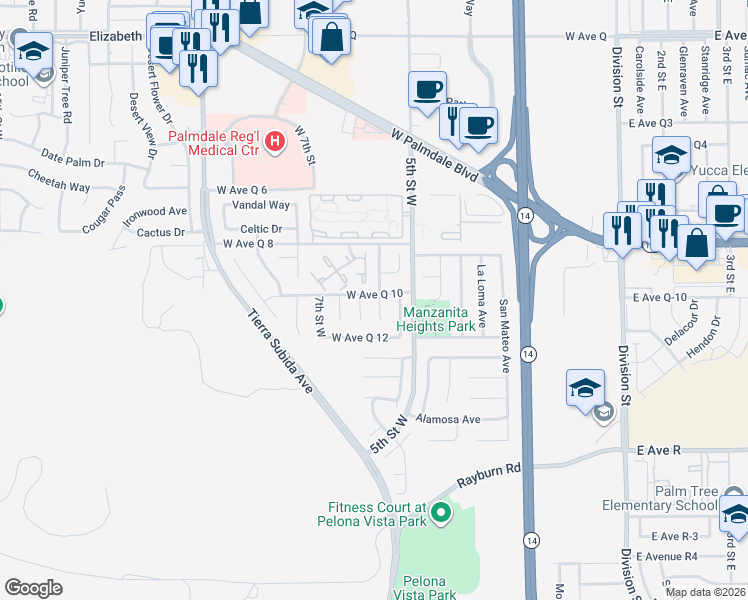 map of restaurants, bars, coffee shops, grocery stores, and more near 38249 Meadow Lane in Palmdale