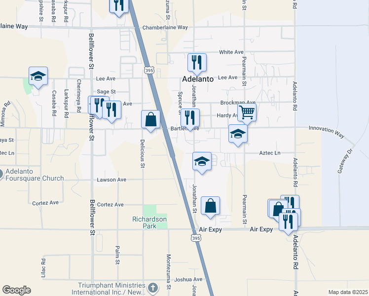 map of restaurants, bars, coffee shops, grocery stores, and more near 18026 Jonathan Street in Adelanto