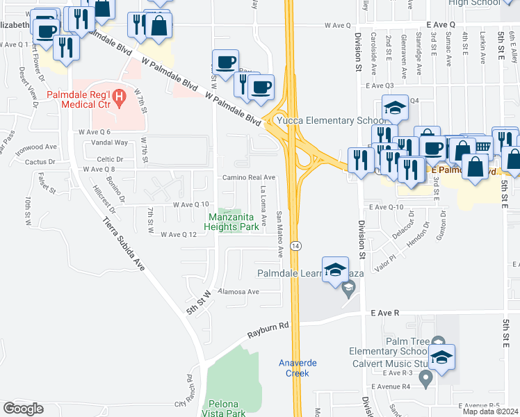 map of restaurants, bars, coffee shops, grocery stores, and more near 38251 La Loma Avenue in Palmdale
