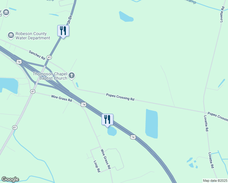 map of restaurants, bars, coffee shops, grocery stores, and more near 695 Popes Crossing Road in Lumberton