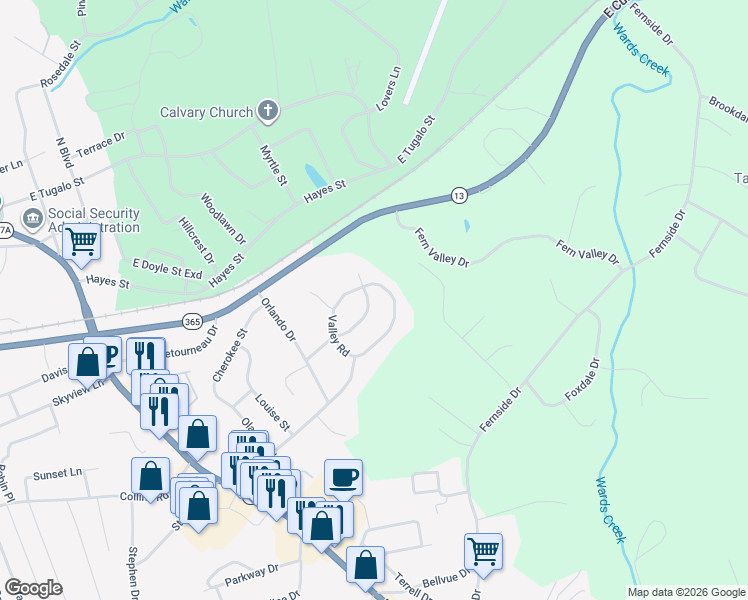 map of restaurants, bars, coffee shops, grocery stores, and more near 214 Clearview Drive in Toccoa