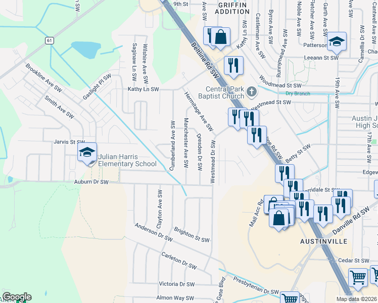 map of restaurants, bars, coffee shops, grocery stores, and more near 1912 Manchester Avenue Southwest in Decatur