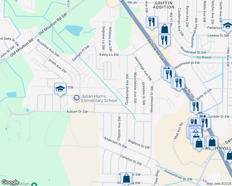 map of restaurants, bars, coffee shops, grocery stores, and more near 2311 Cumberland Court Southwest in Decatur