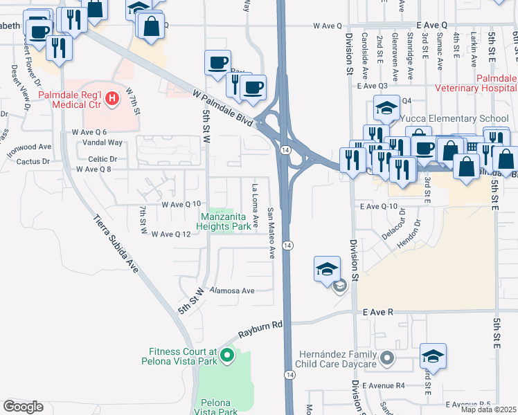 map of restaurants, bars, coffee shops, grocery stores, and more near 38252 La Loma Avenue in Palmdale