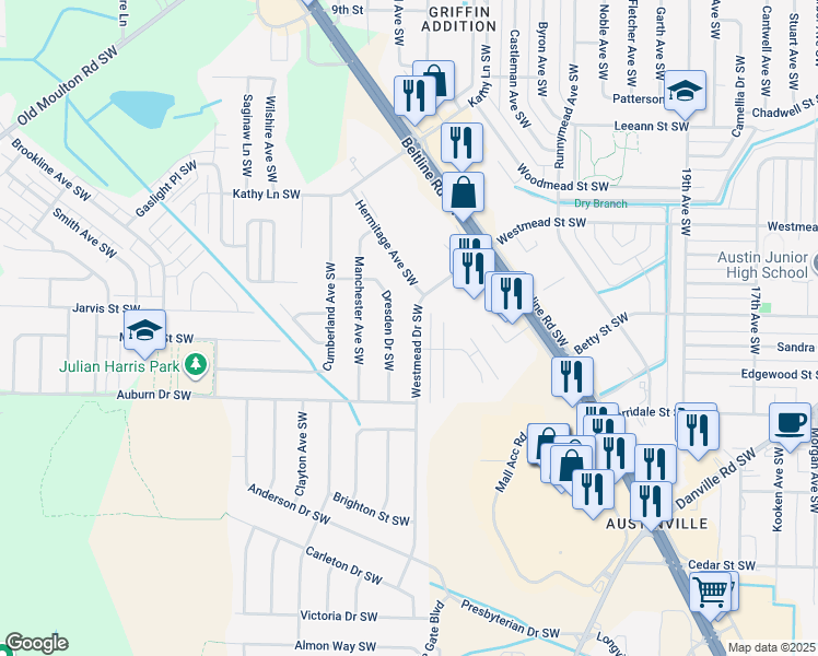 map of restaurants, bars, coffee shops, grocery stores, and more near 2208 Westmead Drive Southwest in Decatur