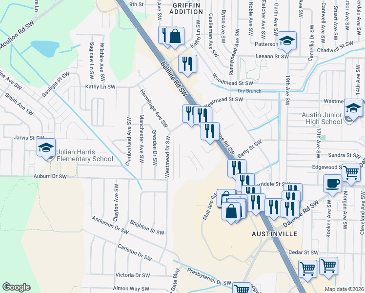 map of restaurants, bars, coffee shops, grocery stores, and more near 2158 Westbury Court Southwest in Decatur