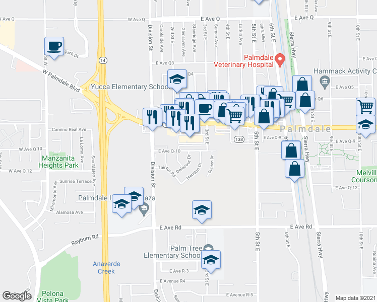 map of restaurants, bars, coffee shops, grocery stores, and more near 227 East Avenue Q10 in Palmdale