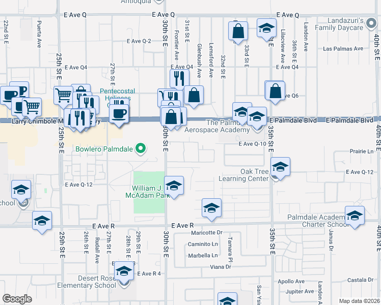 map of restaurants, bars, coffee shops, grocery stores, and more near 38300 30th Street East in Palmdale