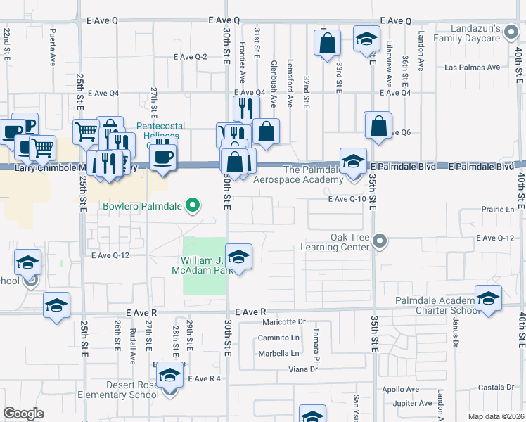 map of restaurants, bars, coffee shops, grocery stores, and more near 38300 30th Street East in Palmdale