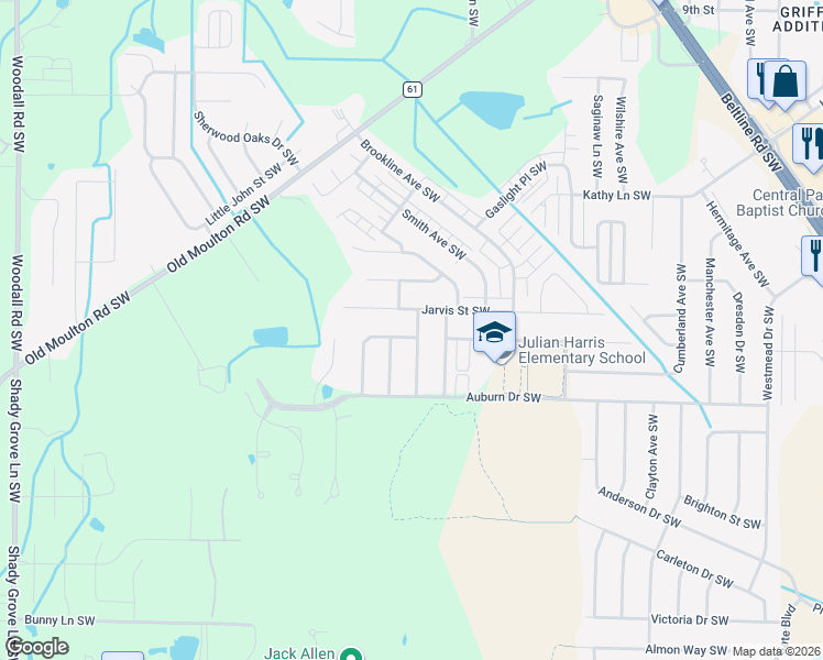 map of restaurants, bars, coffee shops, grocery stores, and more near 1901 Shepard Drive Southwest in Decatur