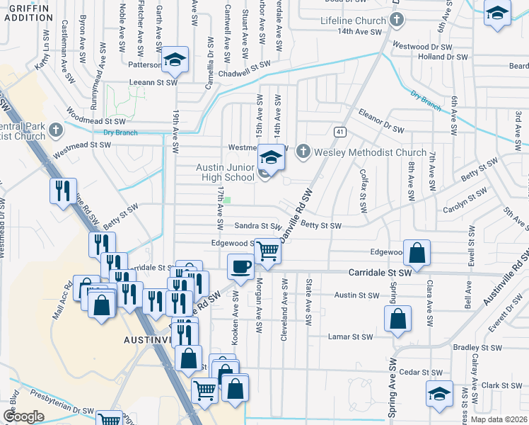 map of restaurants, bars, coffee shops, grocery stores, and more near 1107 Betty Street Southwest in Decatur
