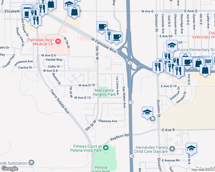 map of restaurants, bars, coffee shops, grocery stores, and more near 38254 Miramonte Avenue in Palmdale