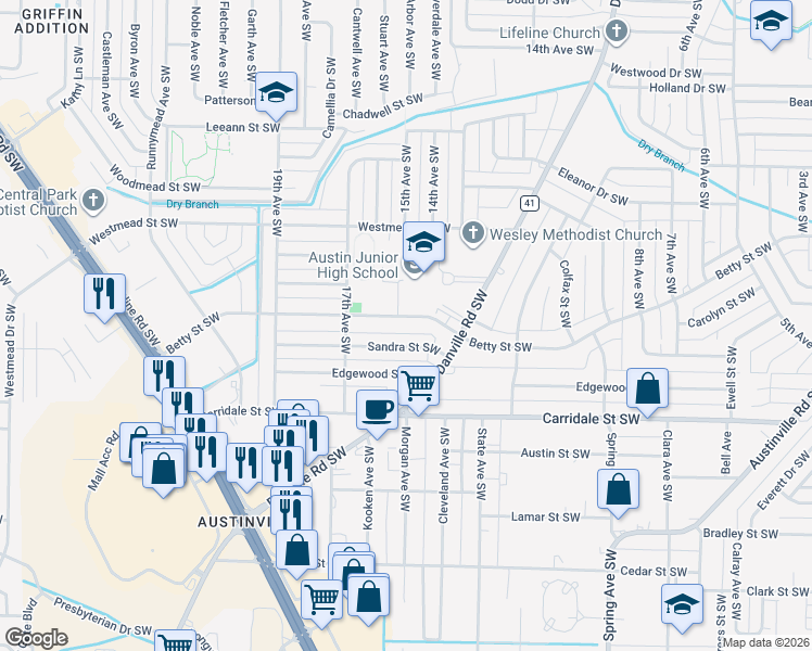 map of restaurants, bars, coffee shops, grocery stores, and more near 1107 Betty Street Southwest in Decatur