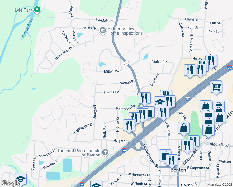 map of restaurants, bars, coffee shops, grocery stores, and more near 712 Sherris Lane in Benton