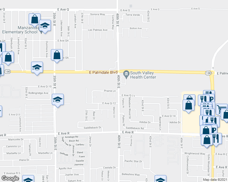 map of restaurants, bars, coffee shops, grocery stores, and more near Prairie Lane & Mentor Court in Palmdale