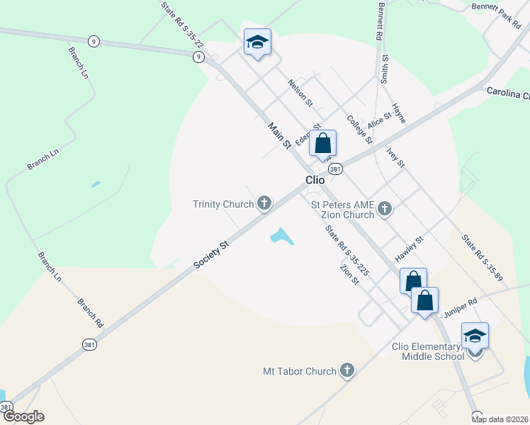 map of restaurants, bars, coffee shops, grocery stores, and more near 104 Bundy Street in Clio