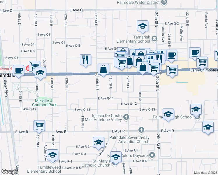 map of restaurants, bars, coffee shops, grocery stores, and more near 38321 16th Street East in Palmdale