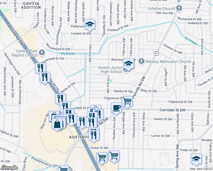 map of restaurants, bars, coffee shops, grocery stores, and more near 1701 Betty Street Southwest in Decatur