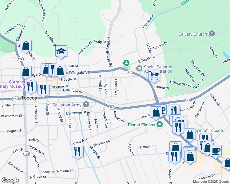 map of restaurants, bars, coffee shops, grocery stores, and more near 110 Forest Avenue in Toccoa
