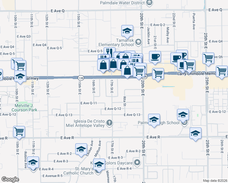 map of restaurants, bars, coffee shops, grocery stores, and more near 38327 Rosemarie Street in Palmdale