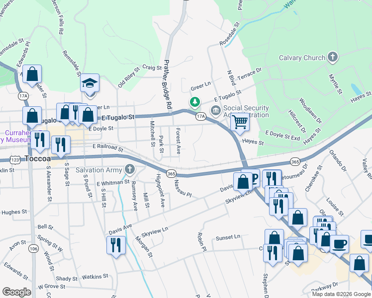 map of restaurants, bars, coffee shops, grocery stores, and more near 113 Forest Avenue in Toccoa
