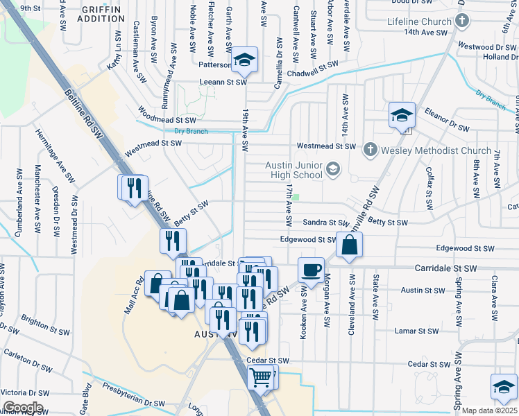 map of restaurants, bars, coffee shops, grocery stores, and more near 1711 Betty Street Southwest in Decatur