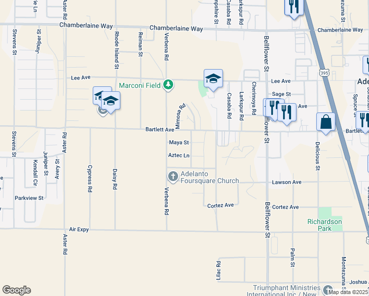 map of restaurants, bars, coffee shops, grocery stores, and more near Aztec Lane in Adelanto