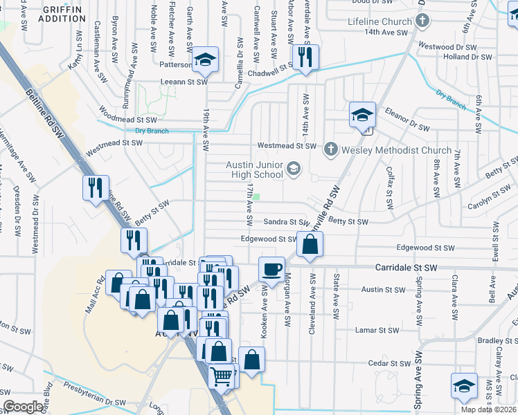map of restaurants, bars, coffee shops, grocery stores, and more near 1117 Betty Street Southwest in Decatur