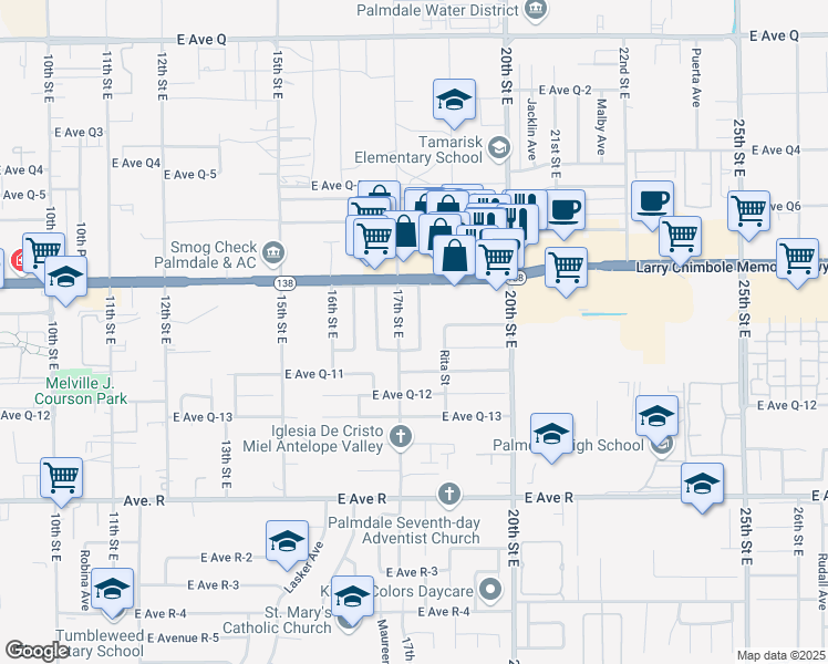 map of restaurants, bars, coffee shops, grocery stores, and more near 38327 Rosemarie Street in Palmdale