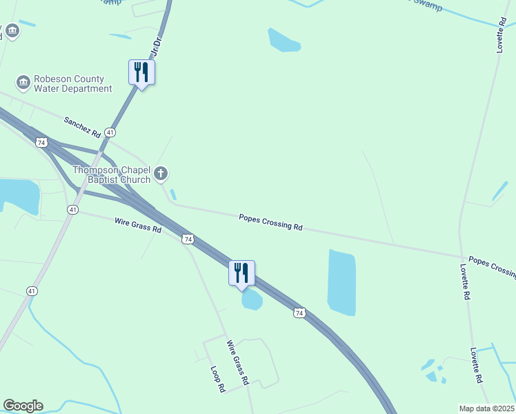 map of restaurants, bars, coffee shops, grocery stores, and more near 695 Popes Crossing Road in Lumberton