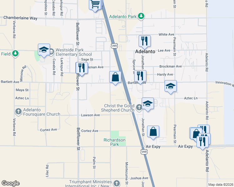map of restaurants, bars, coffee shops, grocery stores, and more near 18039 Delicious Street in Adelanto