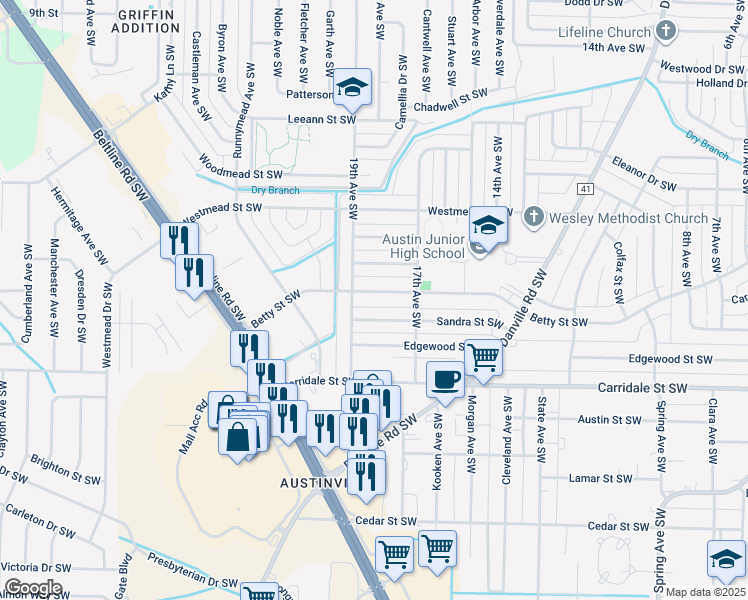 map of restaurants, bars, coffee shops, grocery stores, and more near 1711 Betty Street Southwest in Decatur