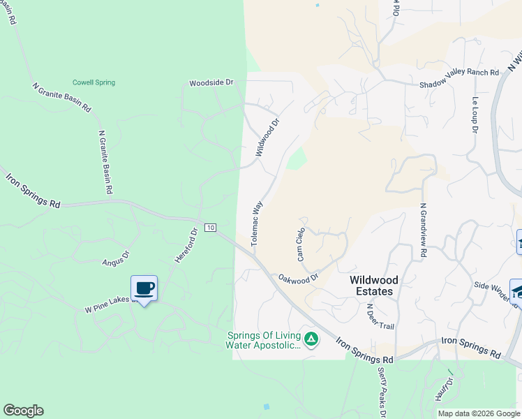 map of restaurants, bars, coffee shops, grocery stores, and more near 2565 Tolemac Way in Prescott