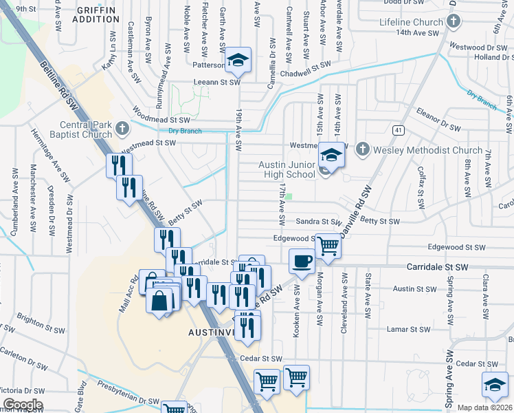map of restaurants, bars, coffee shops, grocery stores, and more near 1711 Betty Street Southwest in Decatur