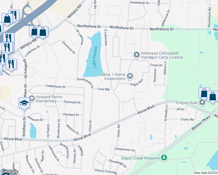 map of restaurants, bars, coffee shops, grocery stores, and more near 1600 East Lakeview in Benton