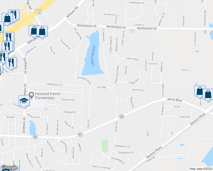 map of restaurants, bars, coffee shops, grocery stores, and more near 1600 East Lakeview in Benton