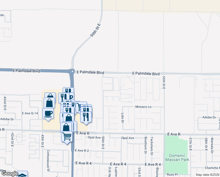 map of restaurants, bars, coffee shops, grocery stores, and more near 5035 Rainer Avenue in Palmdale