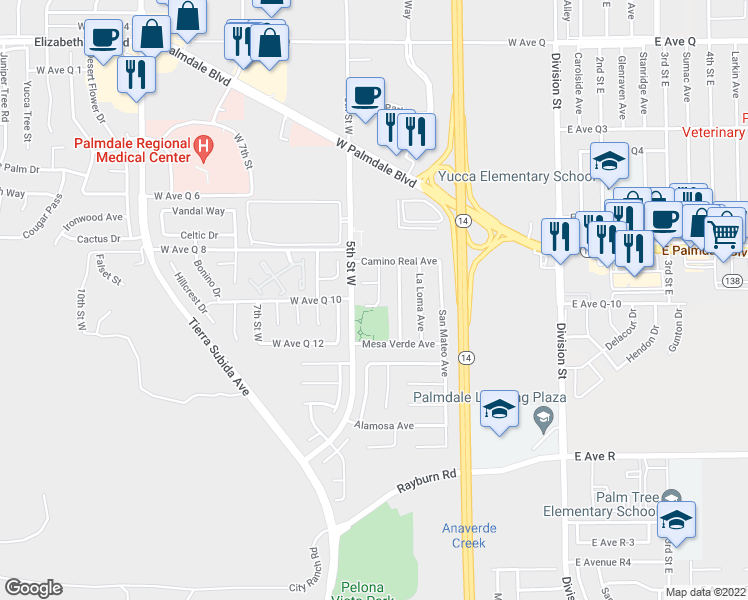 map of restaurants, bars, coffee shops, grocery stores, and more near 433 Magna Vista Court in Palmdale