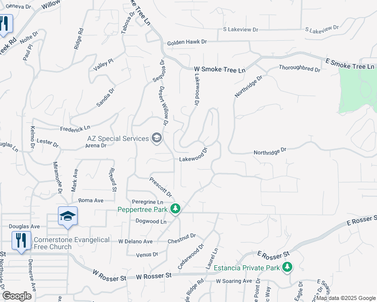 map of restaurants, bars, coffee shops, grocery stores, and more near 2208 Lakewood Drive in Prescott