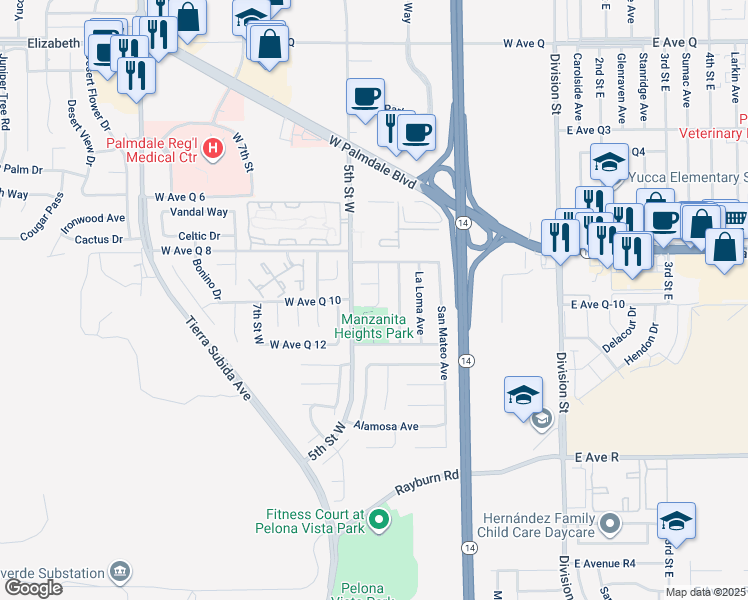 map of restaurants, bars, coffee shops, grocery stores, and more near 433 Magna Vista Court in Palmdale