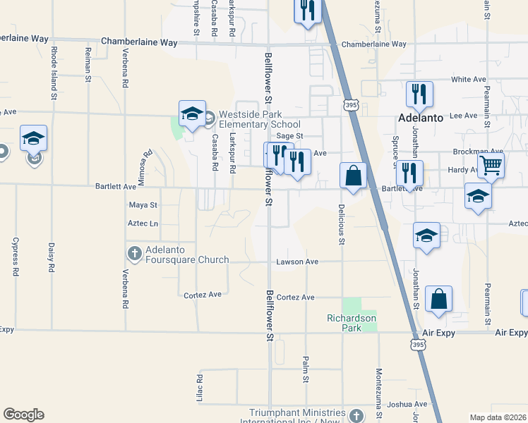 map of restaurants, bars, coffee shops, grocery stores, and more near 18034 Bellflower Street in Adelanto