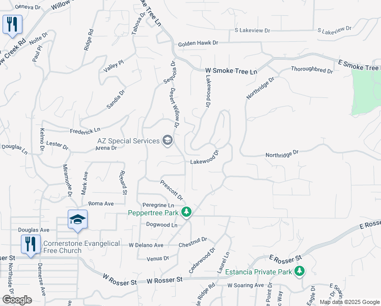 map of restaurants, bars, coffee shops, grocery stores, and more near 2208 Lakewood Drive in Prescott