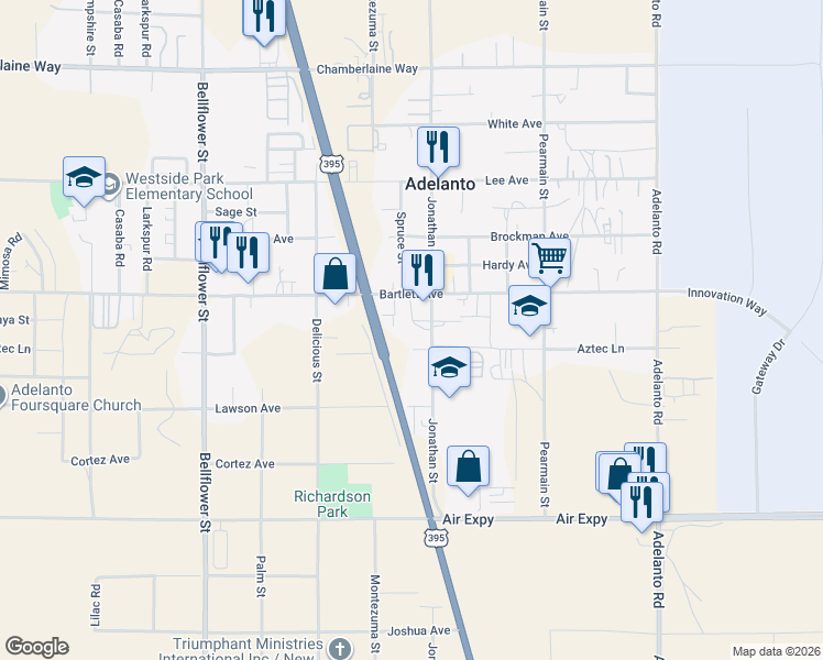 map of restaurants, bars, coffee shops, grocery stores, and more near 18040 Jonathan Street in Adelanto