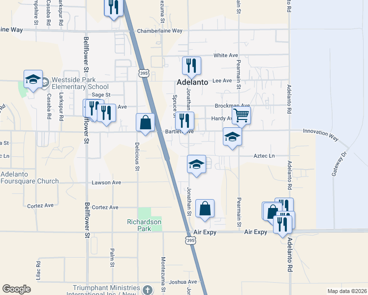 map of restaurants, bars, coffee shops, grocery stores, and more near 18041 Jonathan Street in Adelanto