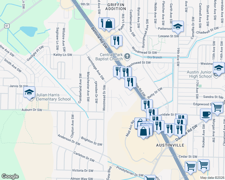 map of restaurants, bars, coffee shops, grocery stores, and more near 2158 Westbury Court Southwest in Decatur