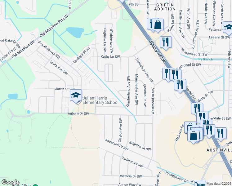map of restaurants, bars, coffee shops, grocery stores, and more near 2311 Cumberland Court Southwest in Decatur