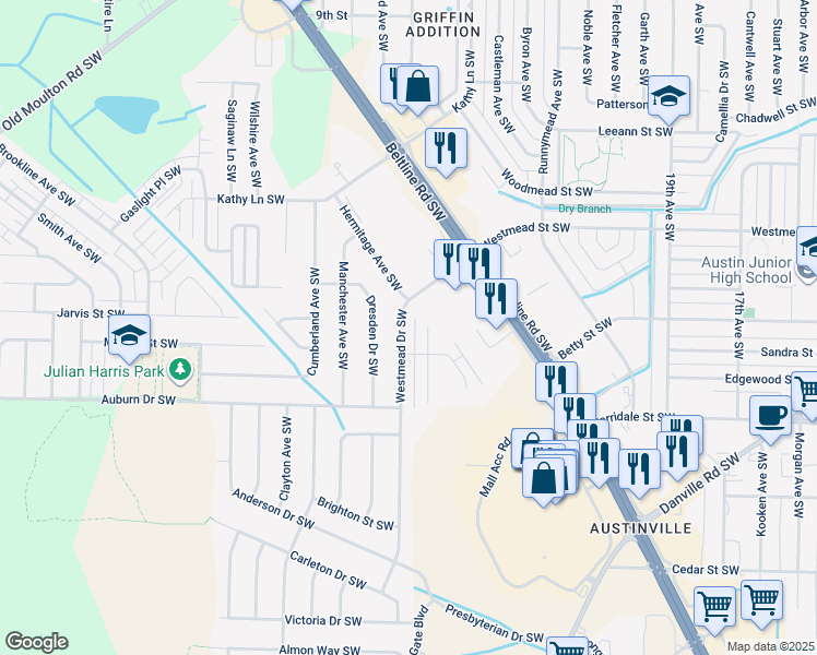 map of restaurants, bars, coffee shops, grocery stores, and more near 2208 Westmead Drive Southwest in Decatur