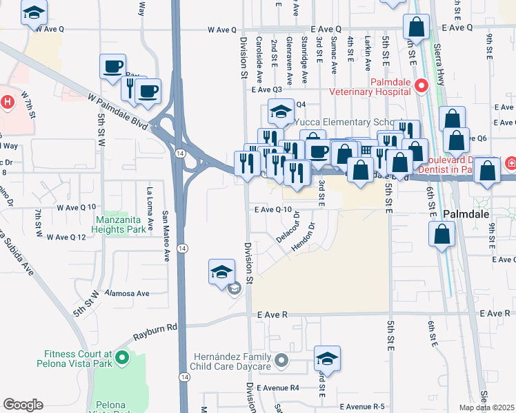 map of restaurants, bars, coffee shops, grocery stores, and more near 38308 Division Street in Palmdale